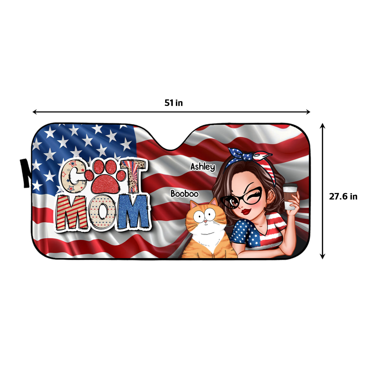 Cat Mom 4th of July America Sparkly Pattern Personalized Car Sunshade, Independence Day