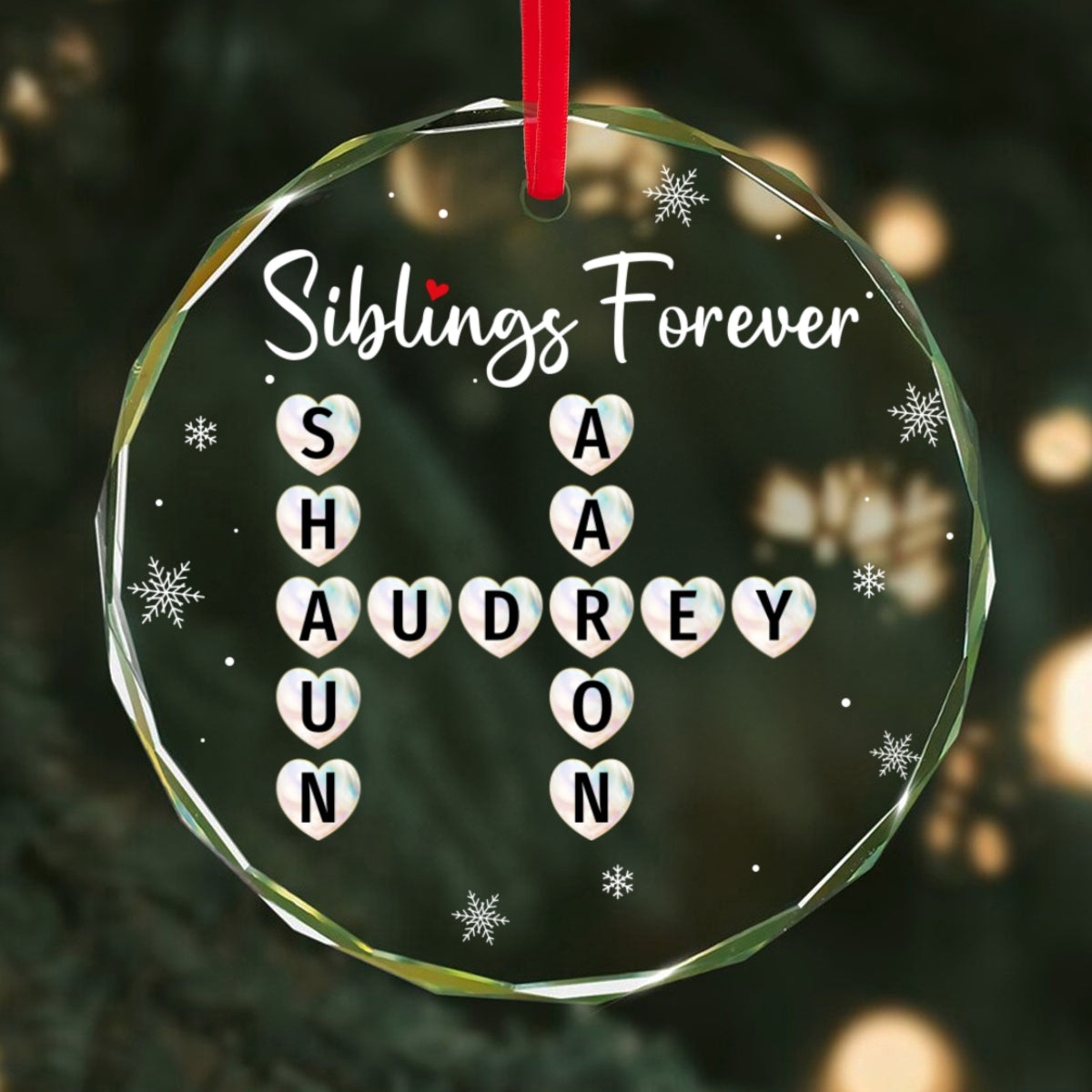 Siblings Forever Unique Gift For Brothers Sister Heart Crossword Puzzle Art Personalized Glass Ornament, Christmas Keepsake