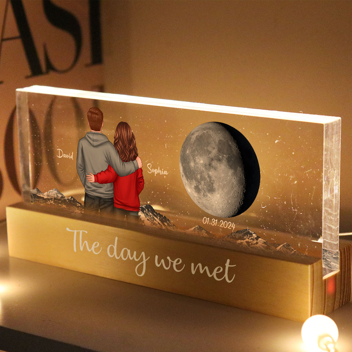 Back View Couple Custom Moon Phases The Day We Met Personalized Acrylic Block LED Night Light, Heartfelt Gift For Couple, For Him, For Her, Boyfriend, Girlfriend, Husband, Wife