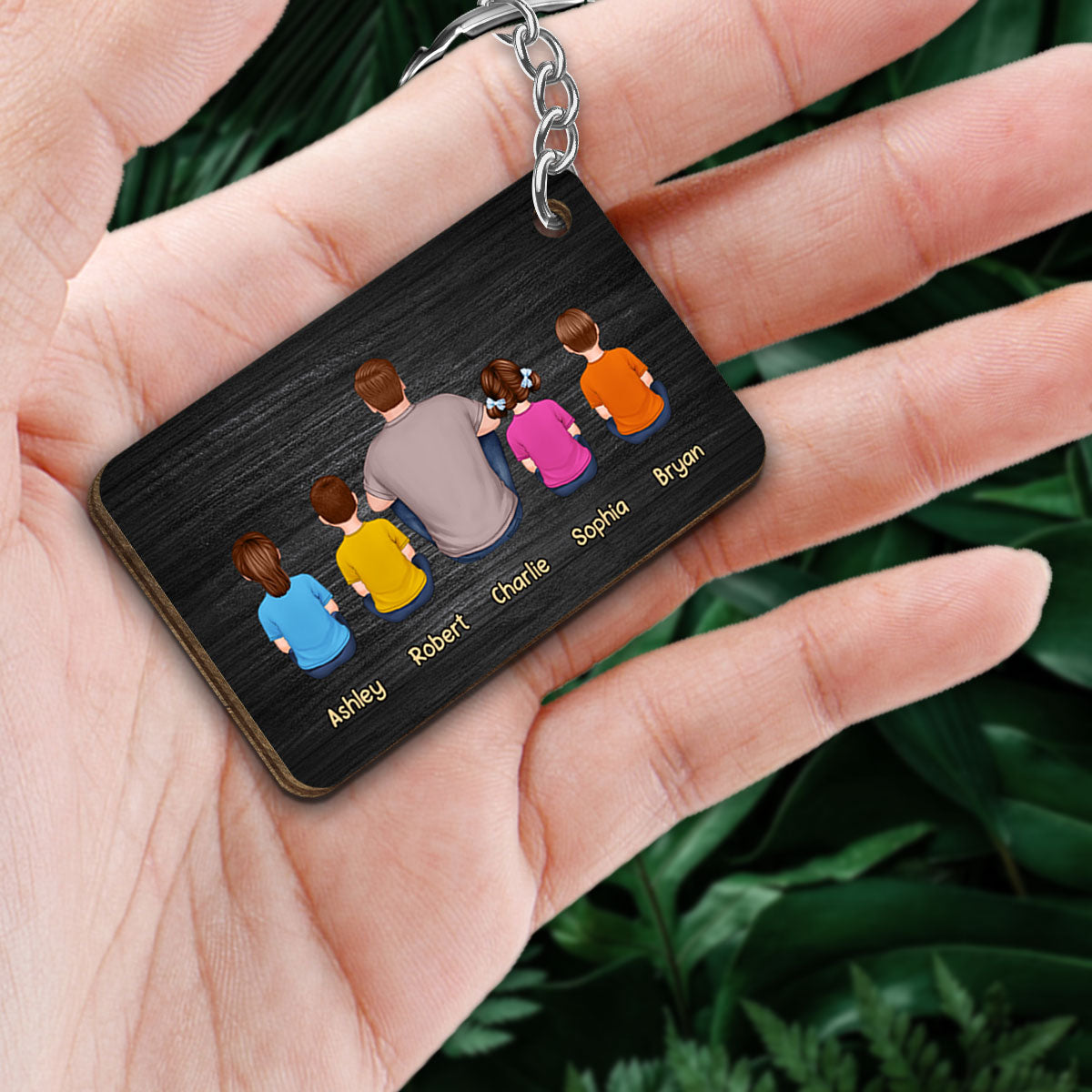 Dad Kids Dogs Cats Retro And Black Background Personalized Wooden Keychain