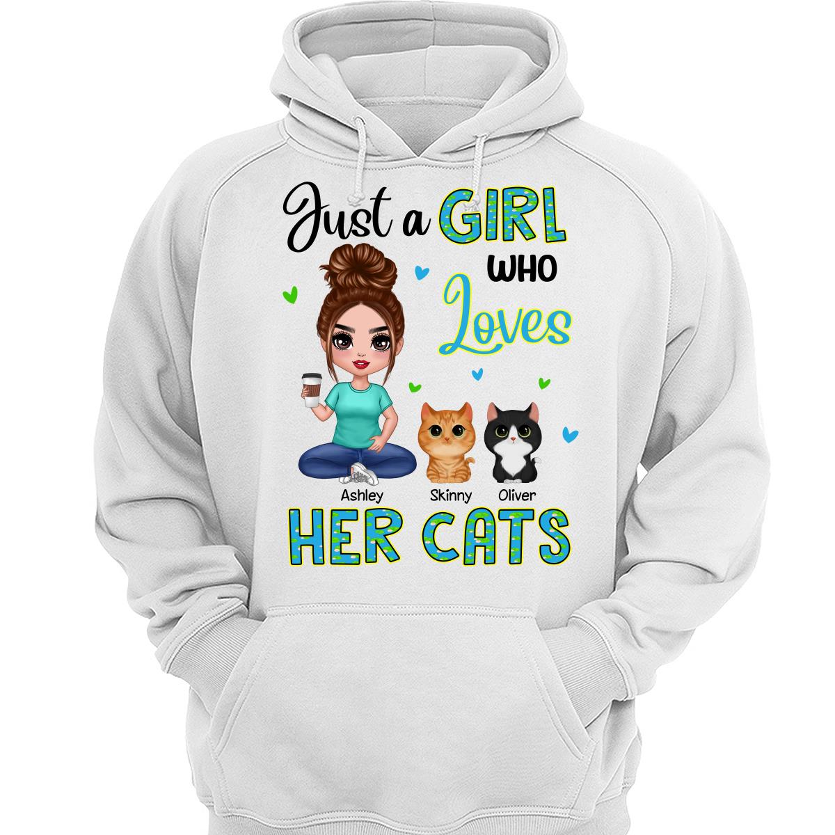 Green Pattern Just A Woman Who Loves Cats Doll Girl Sitting With Watercolor Cute Cats Personalized Shirt