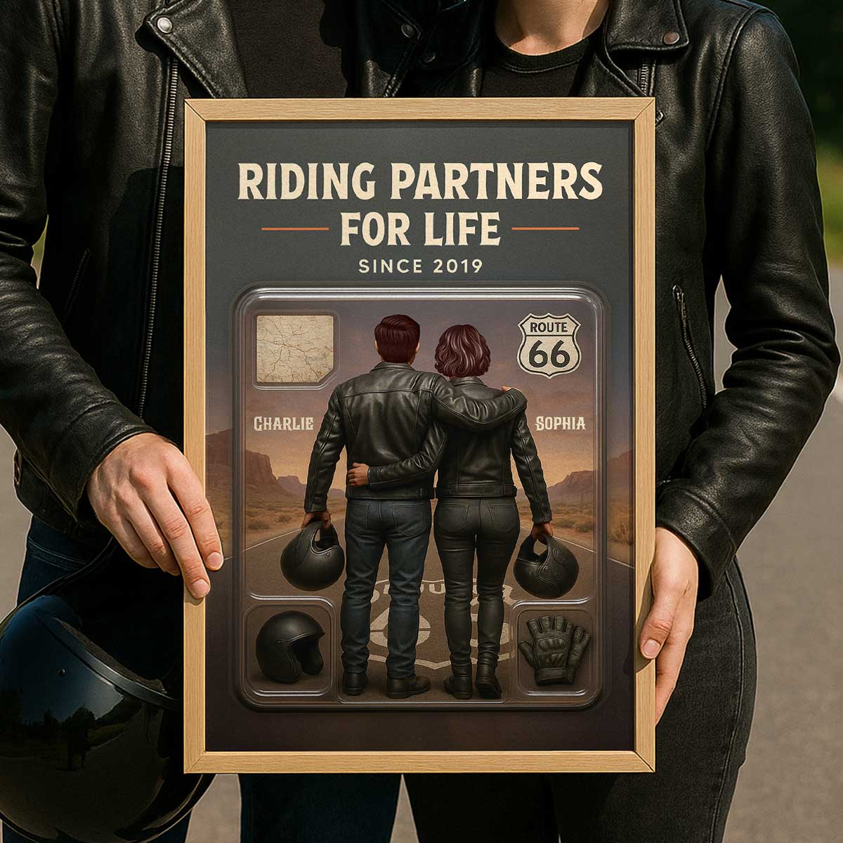 3D Effect Custom Figure Couple Bikers Riding Partners For Life - Personalized Poster - Heartfelt Gift For Bikers