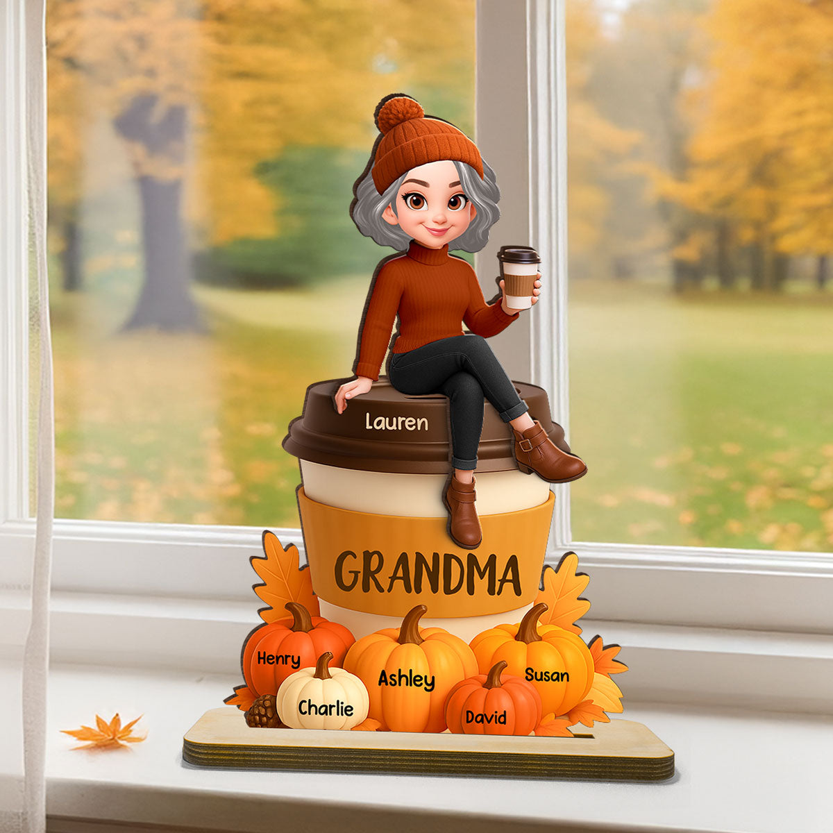Grandma Mom Sitting On Pumpkin Spice Latte Grandkids Names Personalized 2-Layer Standing Wooden Plaque, Fall Season Decoration