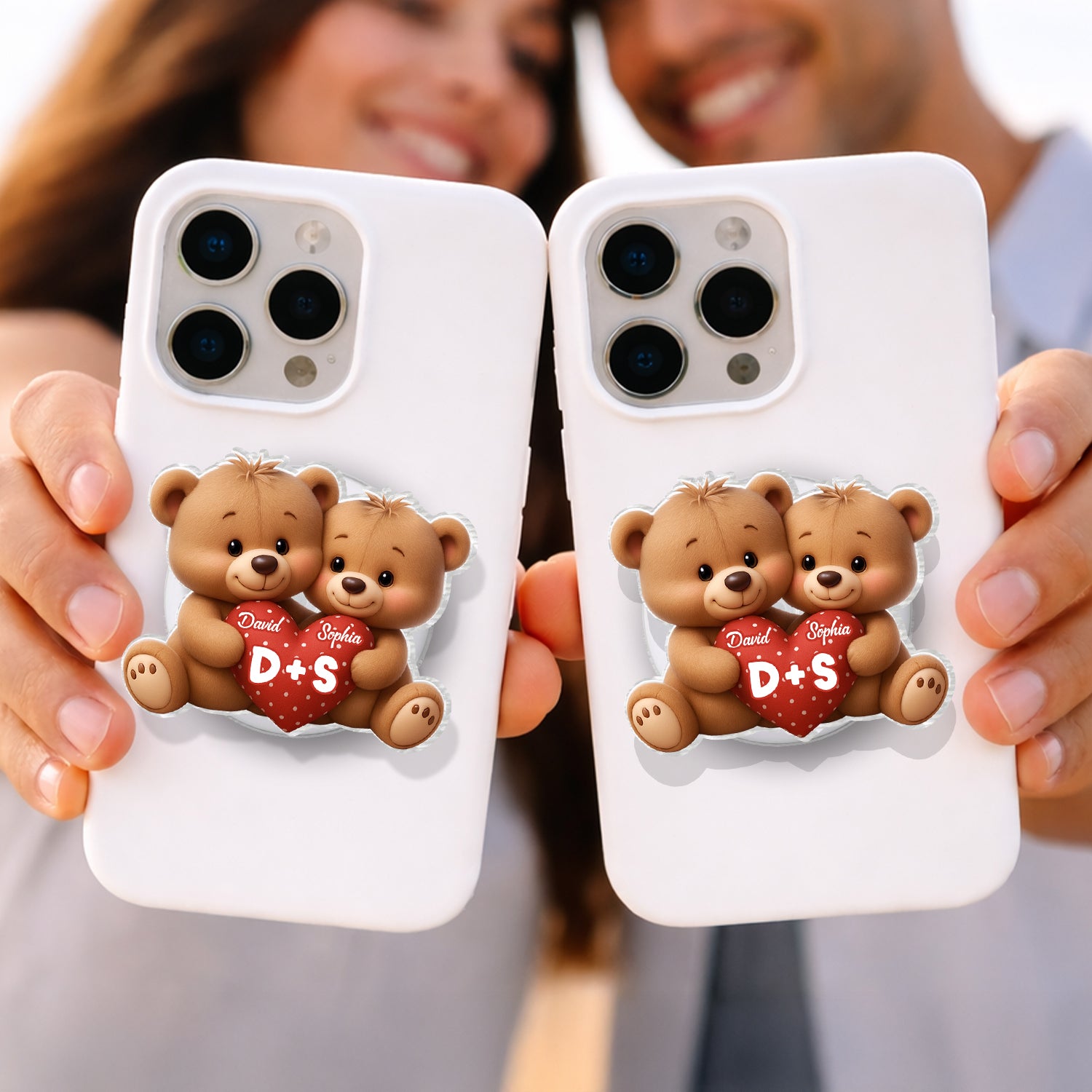 Bear Couple Holding Heart - Personalized Acrylic Magnetic Phone Grip - Gift for him, for her, Matching Phone Grips for Couple