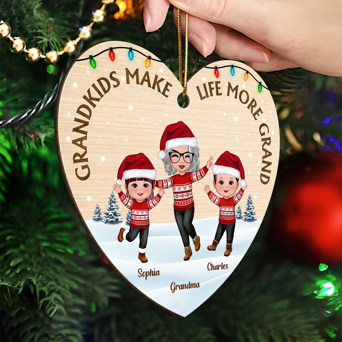 Grandkids Make Life More Grand Happy Grandma Grandkids Personalized Wooden Ornament, Christmas Gift for Grandma, Grandkids