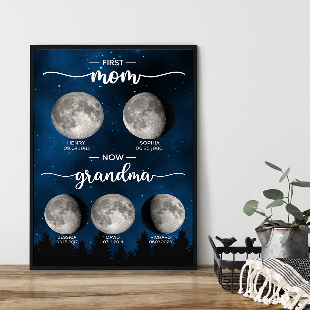 Galaxy Night First Mom Now Grandma Custom Birth Moon Phase Personalized Poster, Gift