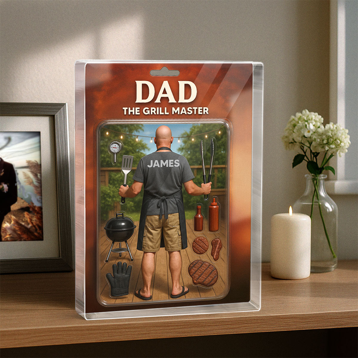 3D Effect Grilling Dad Custom Figure Personalized Flat Rectangle Acrylic Block, Gift For Dad