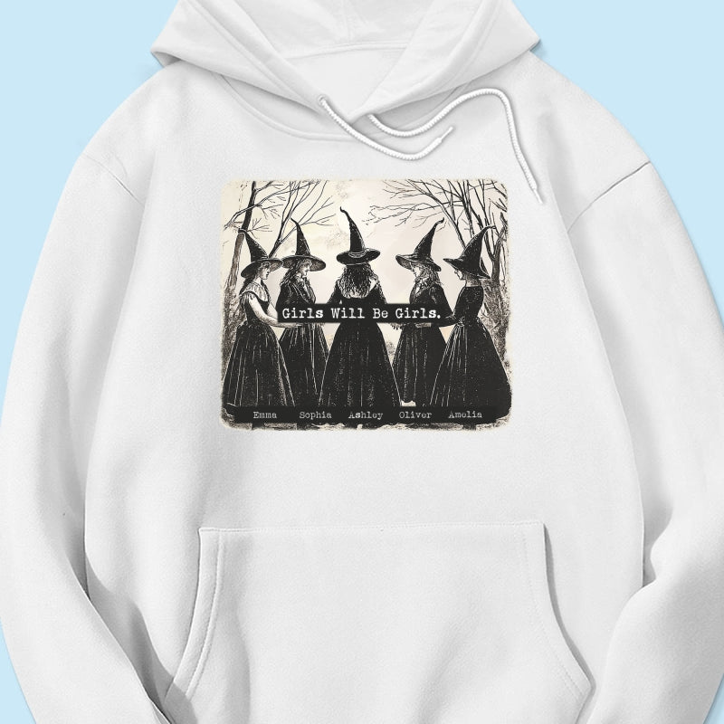 Vintage Witch Girls Will Be Girls Personalized Sweatshirt, Halloween Party Matching Shirt