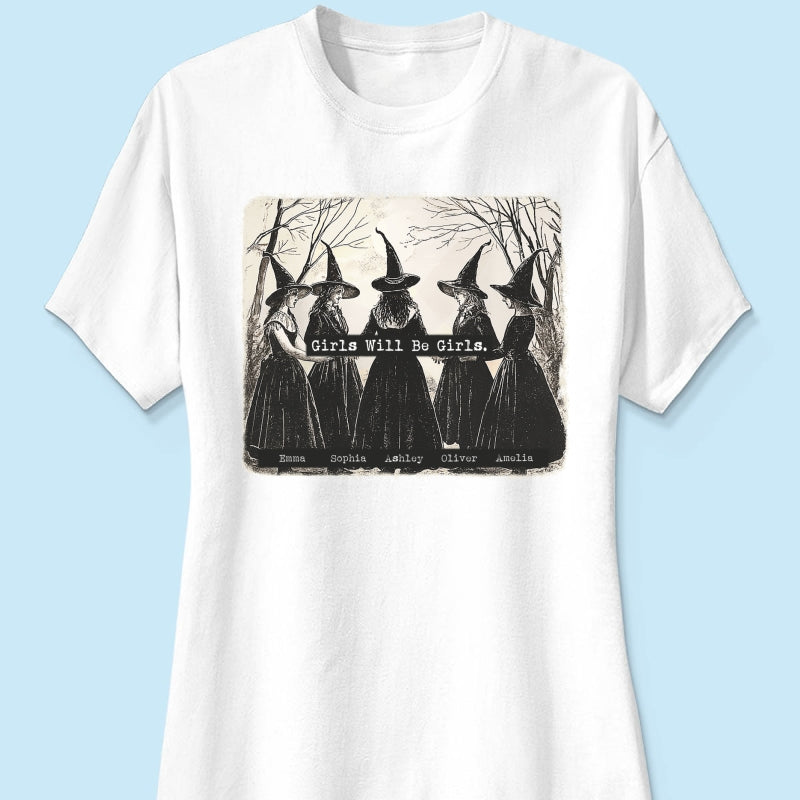 Vintage Witch Girls Will Be Girls Personalized Sweatshirt, Halloween Party Matching Shirt