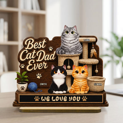 Best Cat Dad Ever Cute Cats On Cat Tree 2D Flat - Personalized 2-Layered Wooden Plaque - Father's Day Gift For Cat Dad