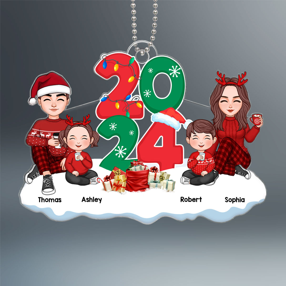 Cute Family Dad Mom Kids Dogs Cats Sitting By 2024 Christmas Personalized Acrylic Ornament
