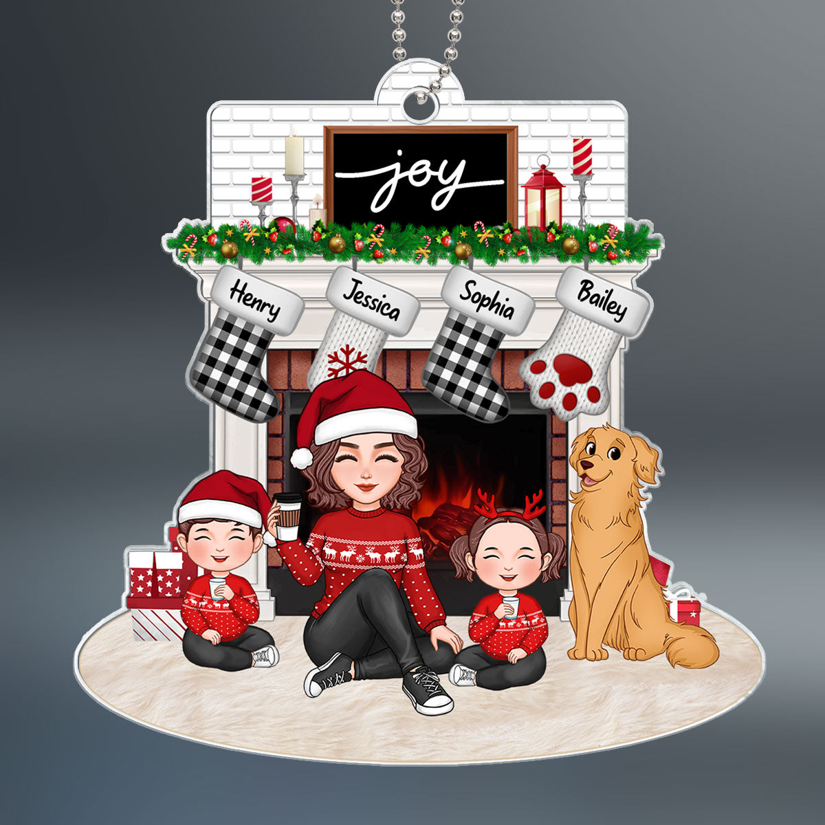 Cute Family Single Dad Mom Kids Dogs Cats Sitting At Christmas Fireplace Personalized Acrylic Ornament