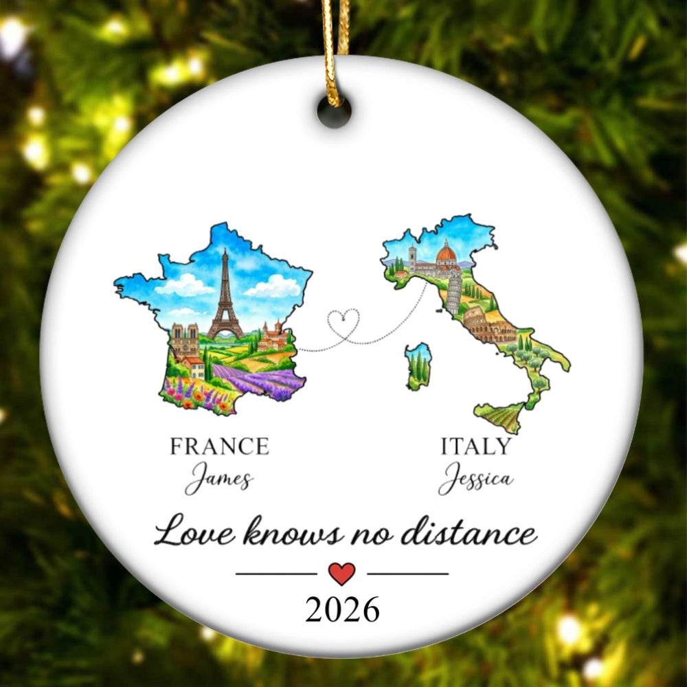 Love Knows No Distance State Map - Personalized Ceramic Ornament - Christmas Gift For Long Distance Couples, Boyfriend, Girlfriend, Husband, Wife