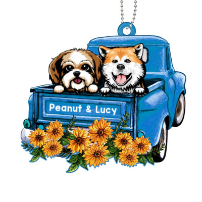 Blue Truck Sunflower Peeking Dogs Personalized Acrylic Ornament