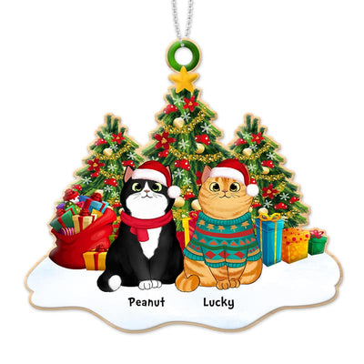 Fluffy Cats Sitting On Snow Christmas Tree Personalized Wooden Ornament