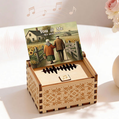 Old Couple Walking Growing Old Together - Personalized Wooden Music Box - Gift For Couple, Gift For Him, For Her
