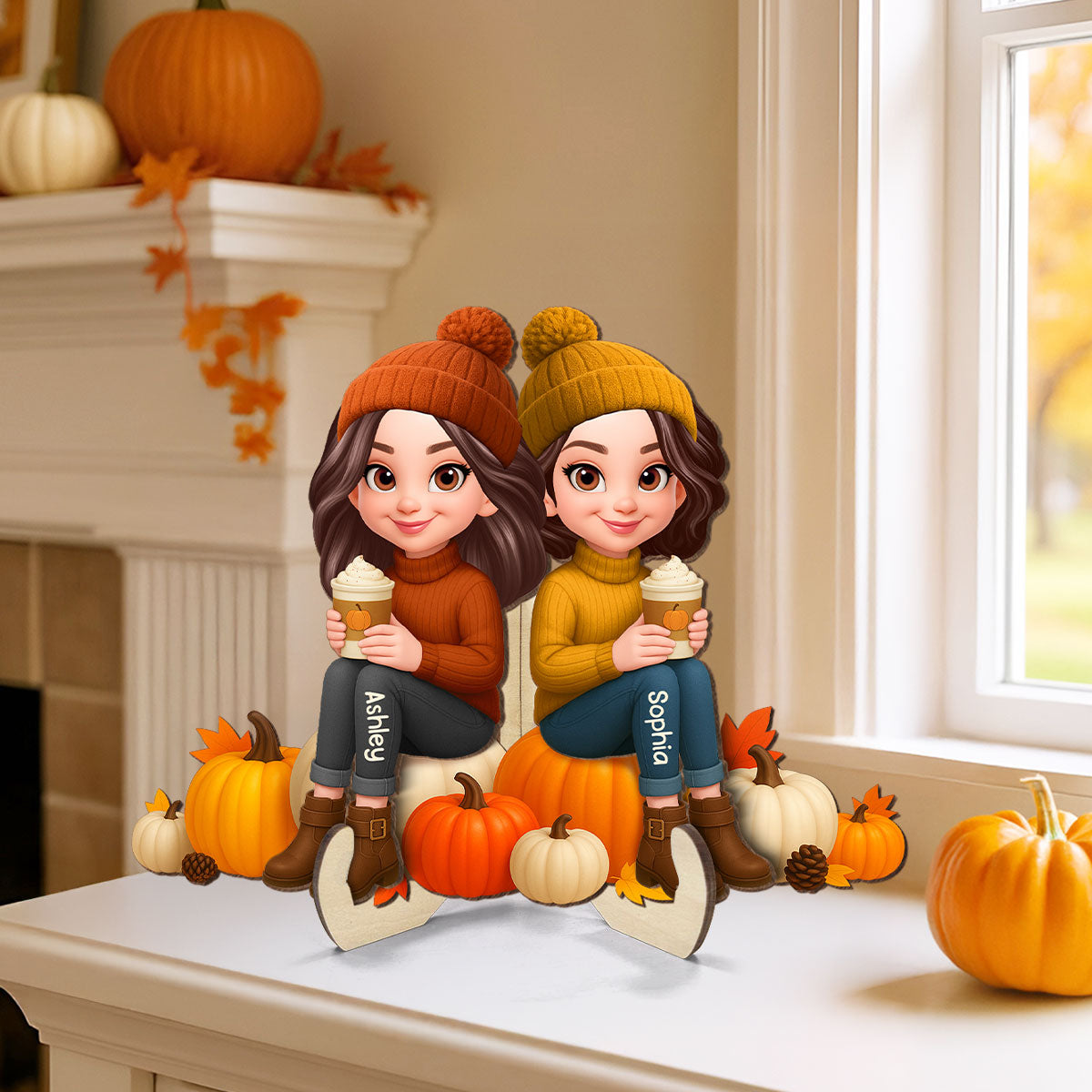 Fall Season Besties Sister Sitting On Pumpkins 3D Effect - Personalized 2-Layered Wooden Plaque