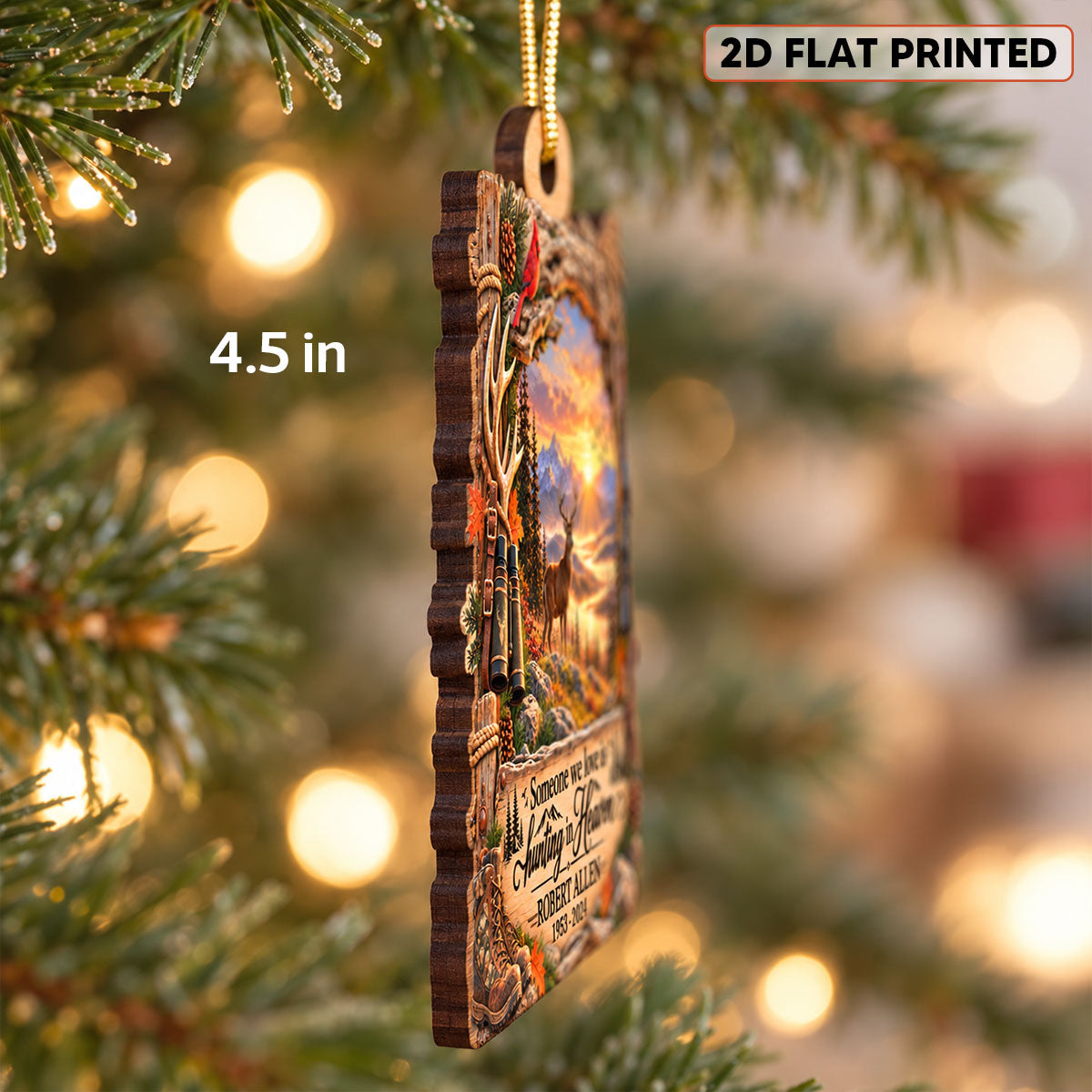 Hunting In Heaven Deer Hunting 2D Flat - Personalized Wooden Ornament - Memorial Sympathy Gift