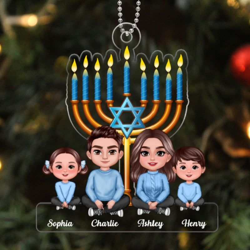 Family Crossed Legs Sitting Under Lights of Menorah Hanukkah 2023 Personalized Acrylic Ornament