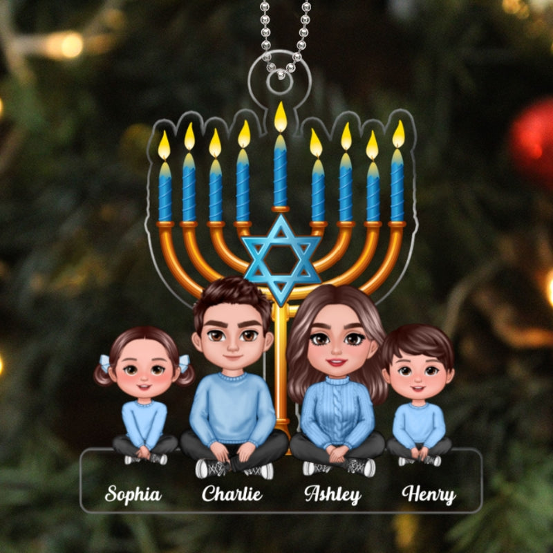 Family Crossed Legs Sitting Under Lights of Menorah Hanukkah 2023 Personalized Acrylic Ornament