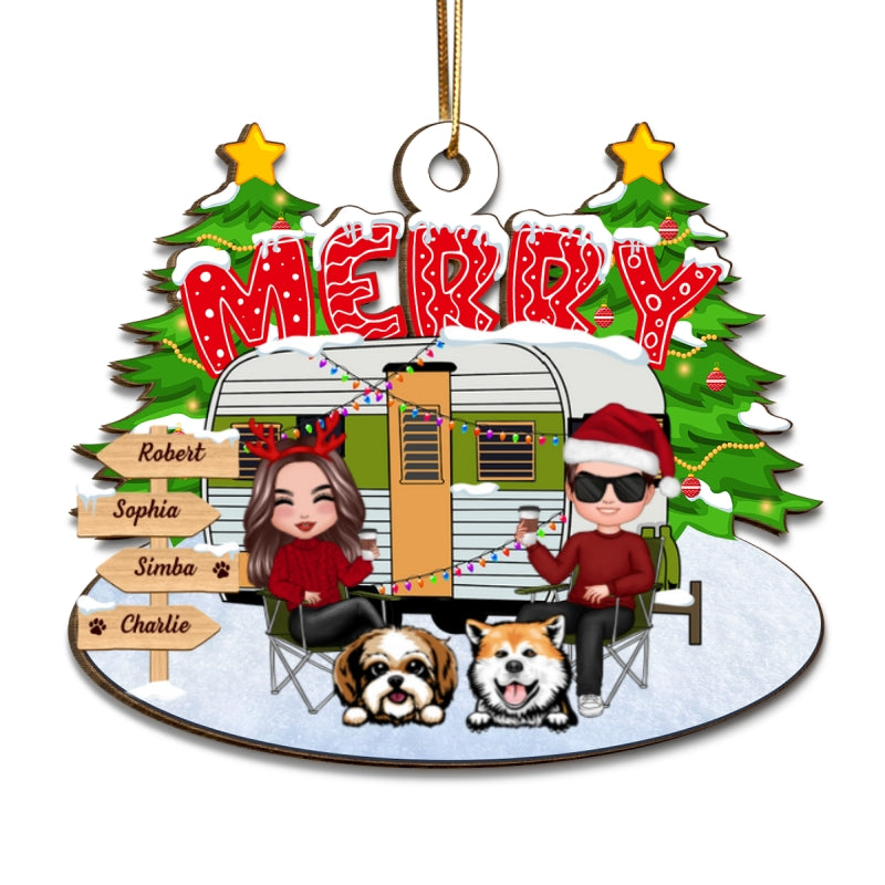 Couple And Dogs Camping Merry Christmas Personalized Wooden Ornament
