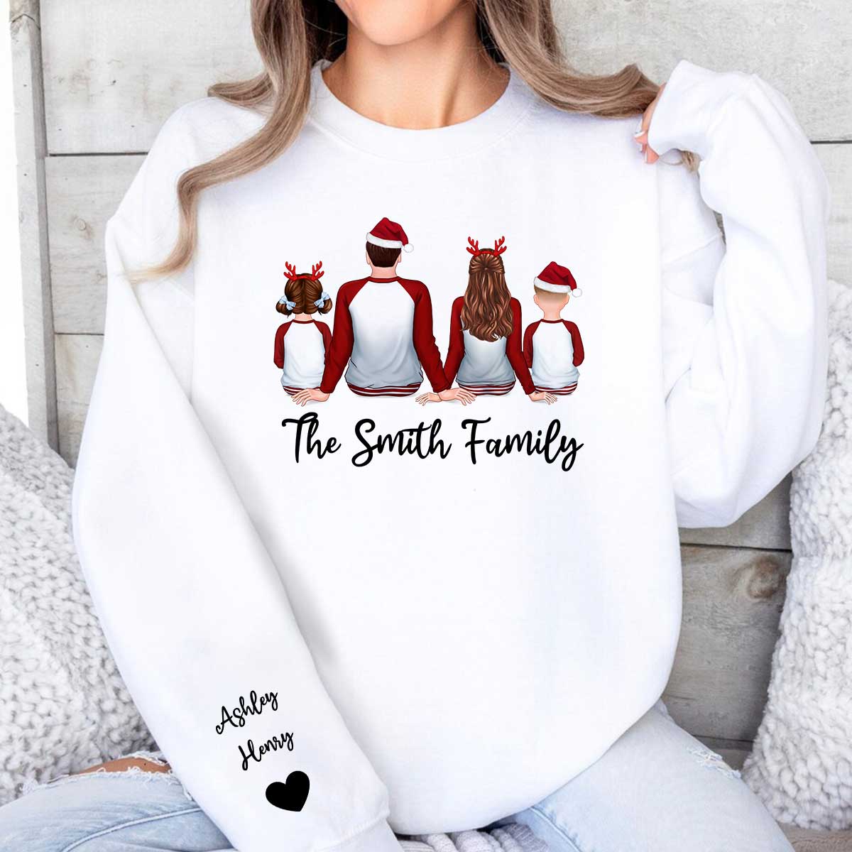 Family Sitting Pajamas Back View Personalized Sleeve Printed Sweatshirt