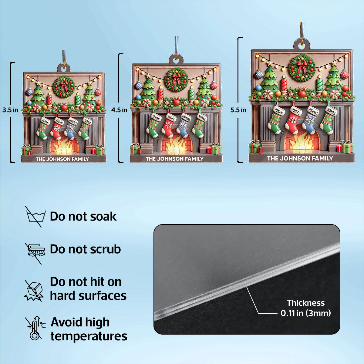 3D Family Christmas Stockings On Festive Mantel Personalized Acrylic Ornament
