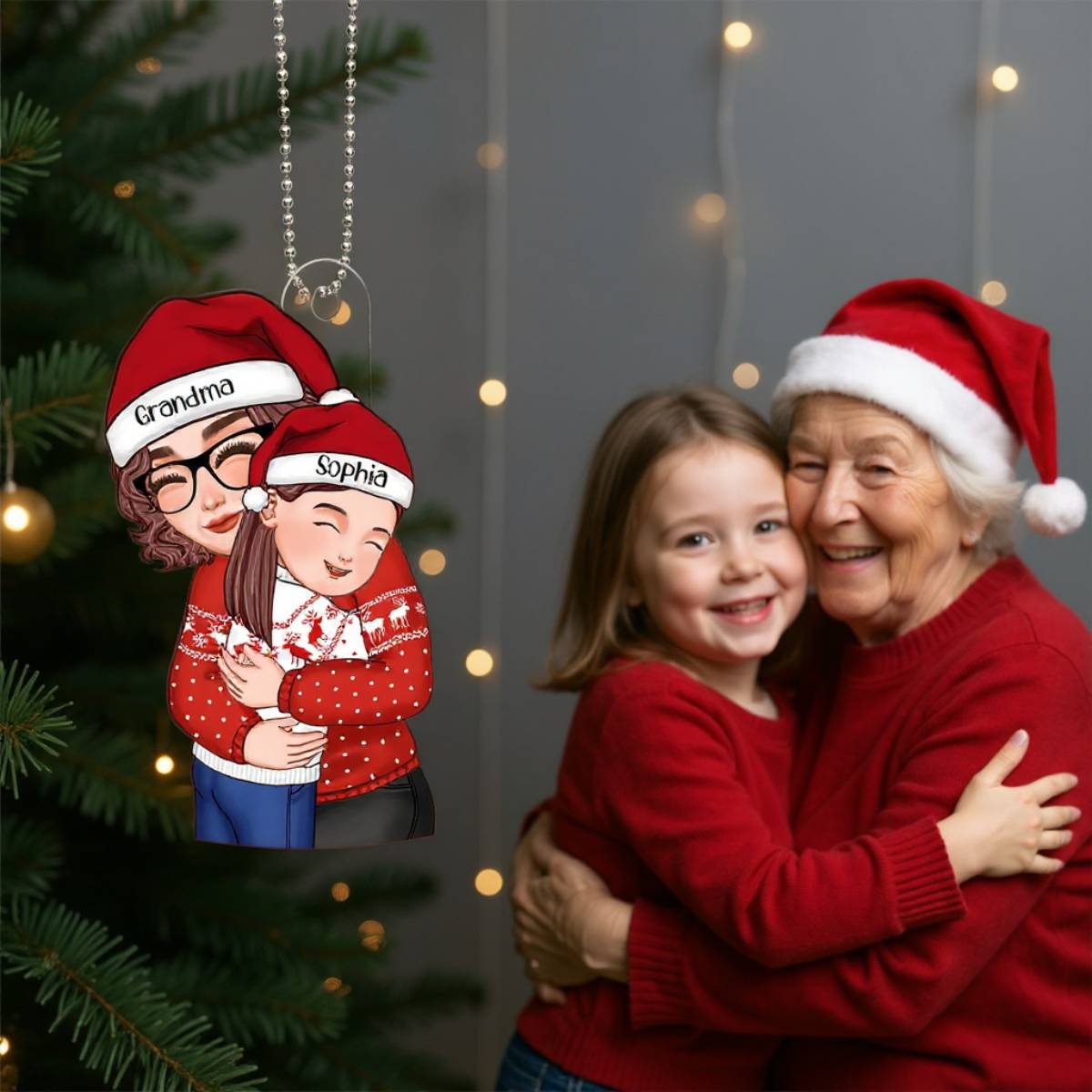 Christmas Cute Grandma Hugging Kid Gift For Granddaughter Grandson - Personalized Acrylic Ornament - Gift For Granddaughter, Grandson