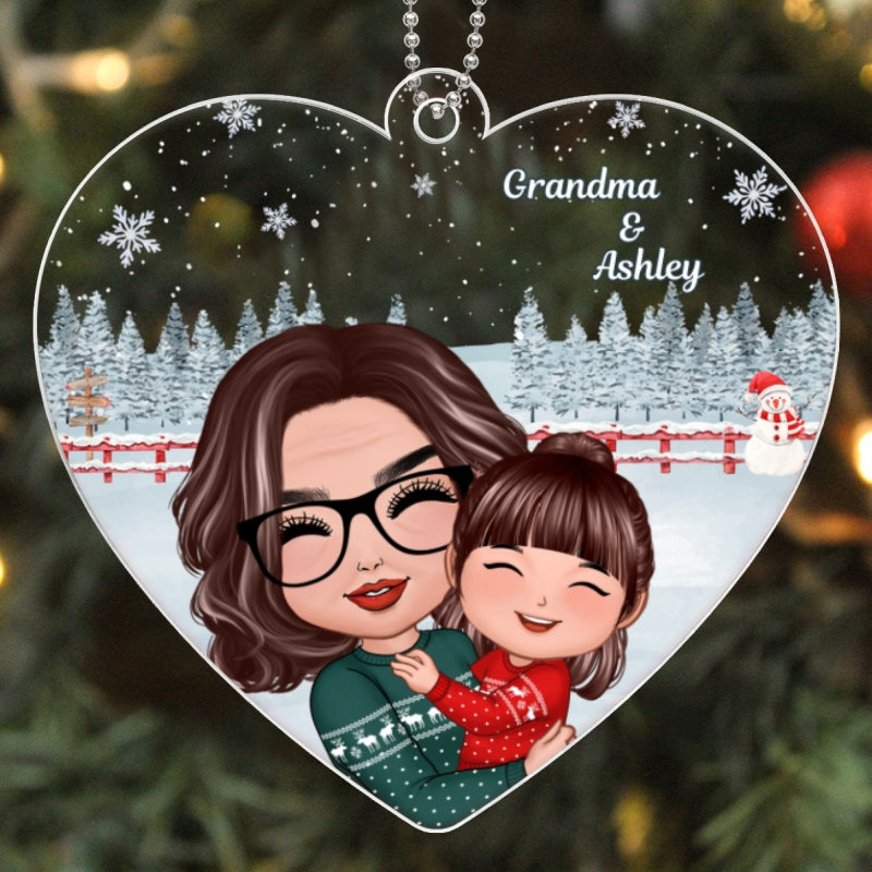 Christmas Doll Grandma Mom Hugging Kid Gift For Granddaughter Grandson Heart Shaped Personalized Acrylic Ornament