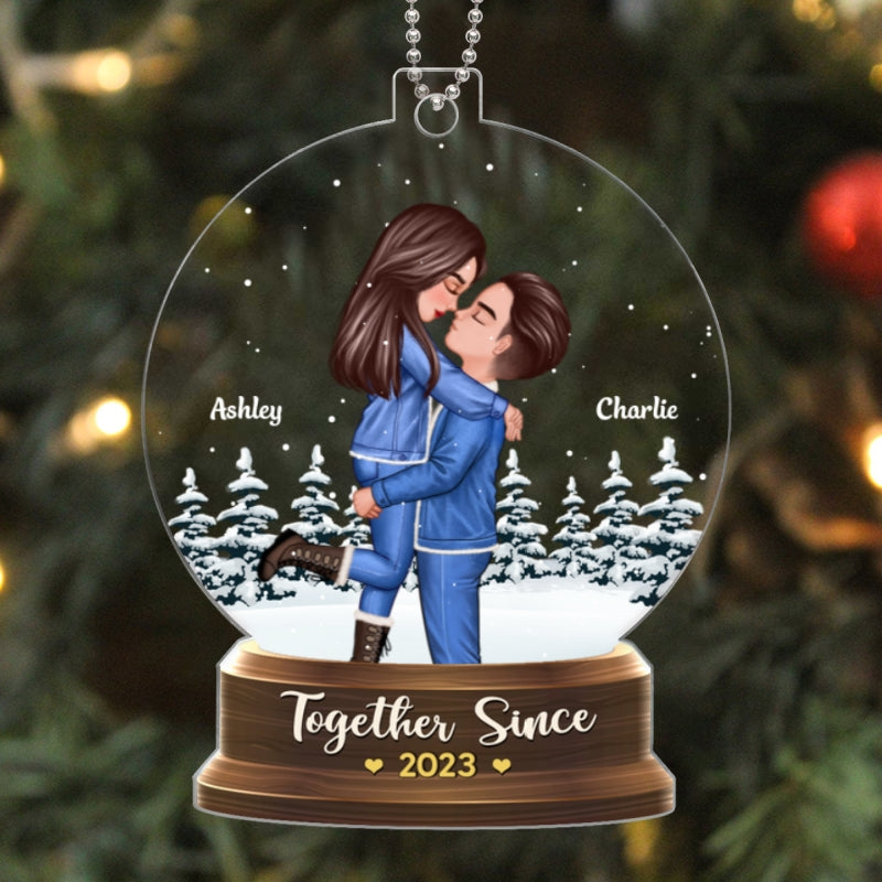 Couple Hugging In Christmas Night Snow Globe Personalized Acrylic Ornament