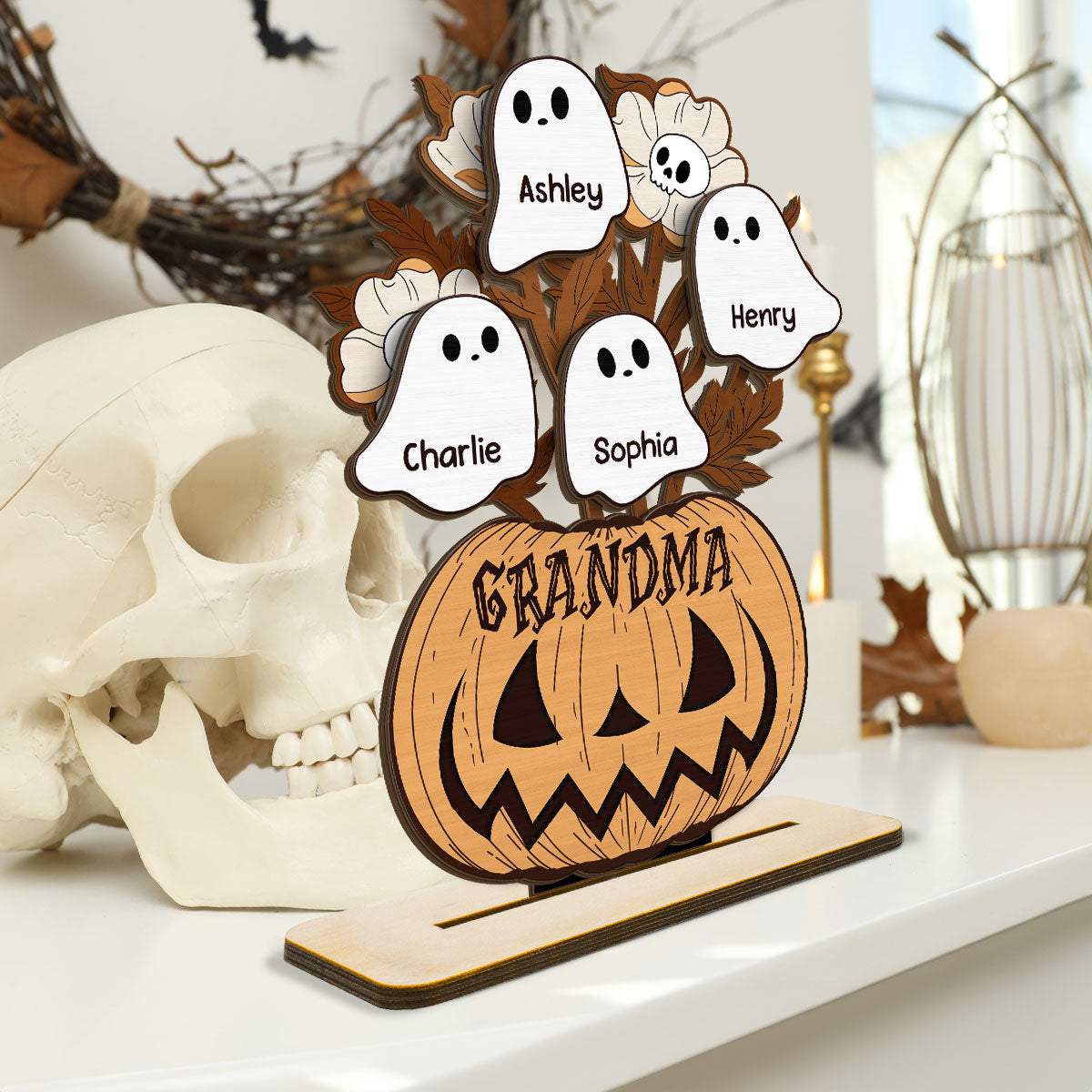 Halloween Grandma Pumpkin Vase Flowers Personalized 2-Layer Standing Wooden Plaque, Halloween Decor
