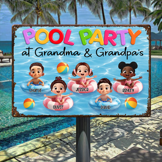 Pool Party At Grandma Grandpa Personalized Metal Sign