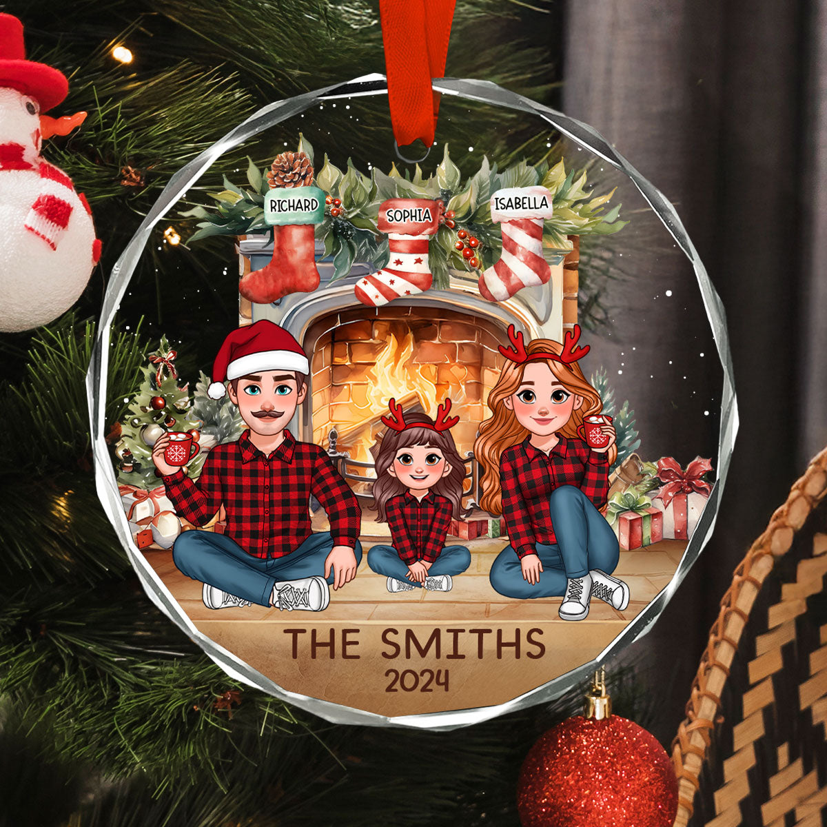 Animated Family Vintage Christmas Stockings Fireplace Personalized Glass Ornament, Christmas Gift For Family