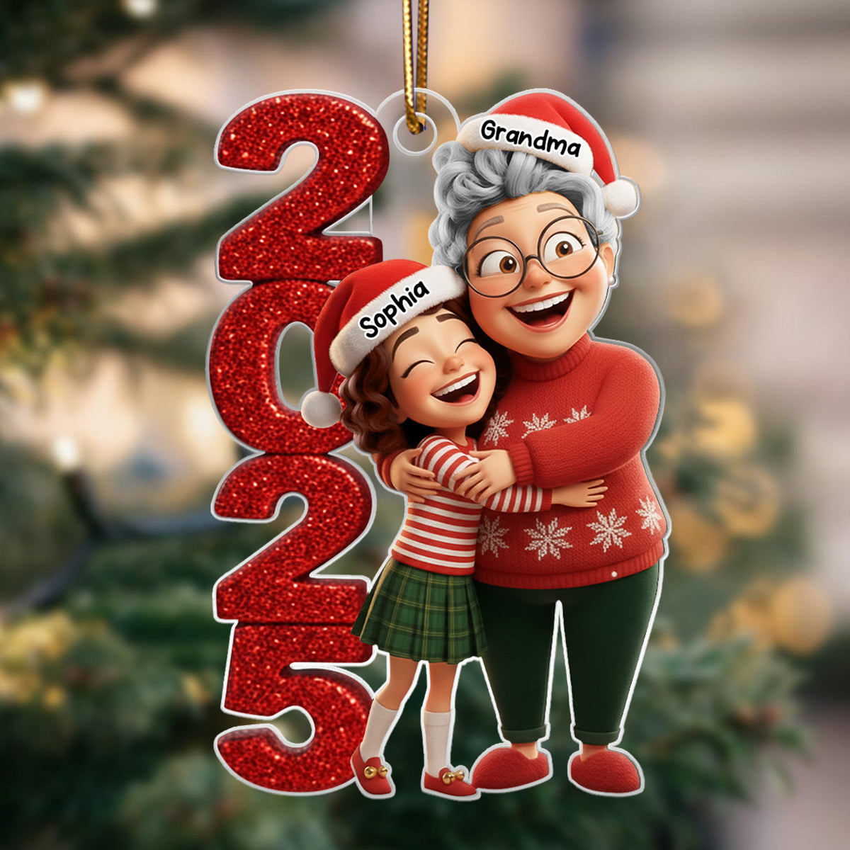 3D Glitter Effect Happy Grandma Hugging Grandkid 2025 - Personalized Acrylic Ornament - Christmas Gift for Grandma, Grandkid