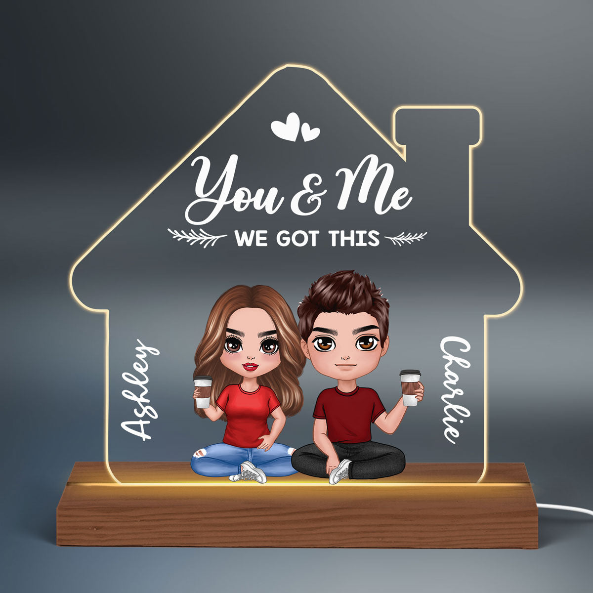 Doll Couple Home Sweet Home House Shaped Personalized Custom Shape Acrylic Plaque With LED Night Light - Anniversary Gift For Him - Gift For Her