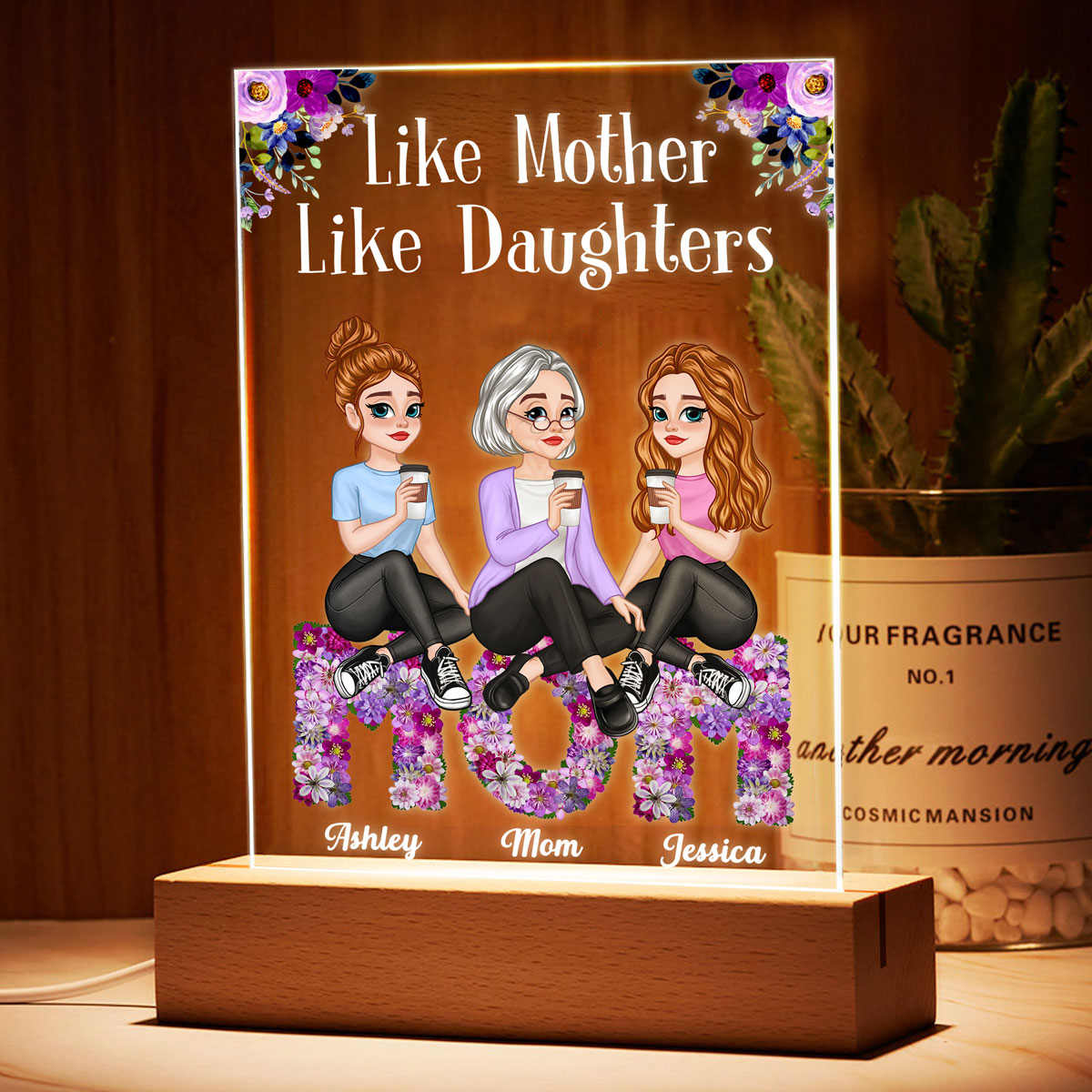 Love Between Pretty Cartoon Mother & Daughter Forever Floral MOM Personalized Rectangle Acrylic Plaque With LED Night Light