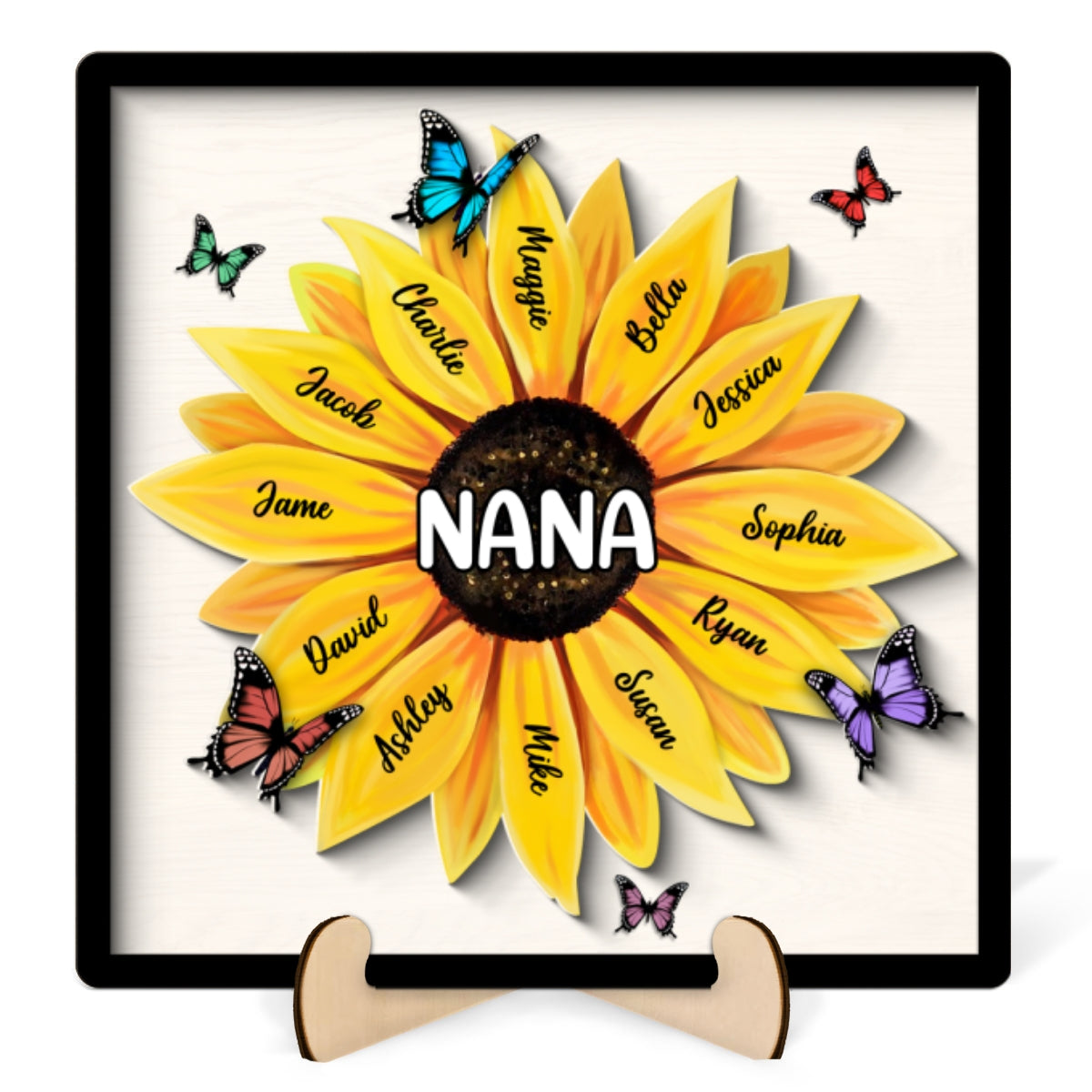 Sunflower Grandma Mom Grandkids Names Personalized 2-Layer Wooden Plaque
