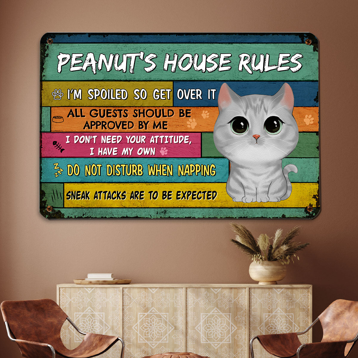 Our House Our Rules Watercolor Cute Cats Personalized Metal Sign