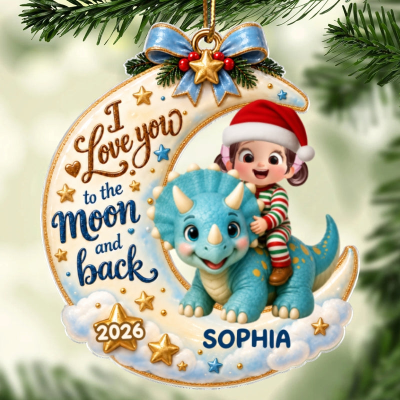 Kid & Dinosaur On Moon - Personalized Acrylic Ornament - Christmas Gift For Grandkid, Boys, Girls