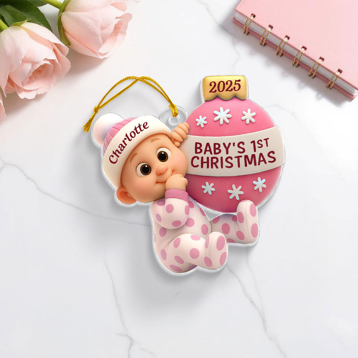 3D Effect Cute Cartoon Baby Beside Christmas Bauble Baby's 1st Christmas Personalized Acrylic Flat Ornament