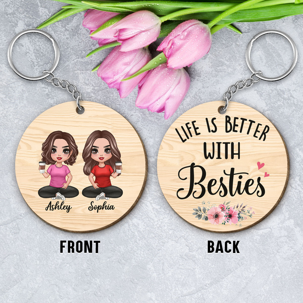 Life Is Better With Sisters Besties Doll Women Sitting Personalized Wooden Keychain