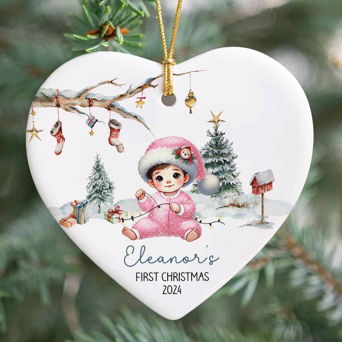 Watercolor Woodland Baby's First Christmas Personalized Heart Shaped Ceramic Ornament, Christmas Gift Keepsake for New Mom New Dad