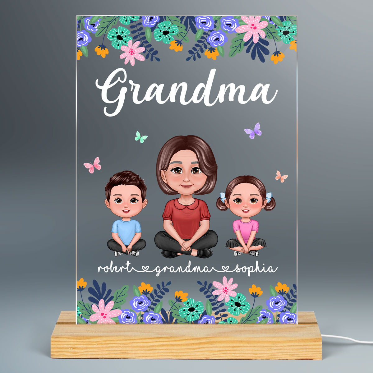 Grandma Mom Pretty Doll Floral Frame Personalized Rectangle Acrylic LED Night Light
