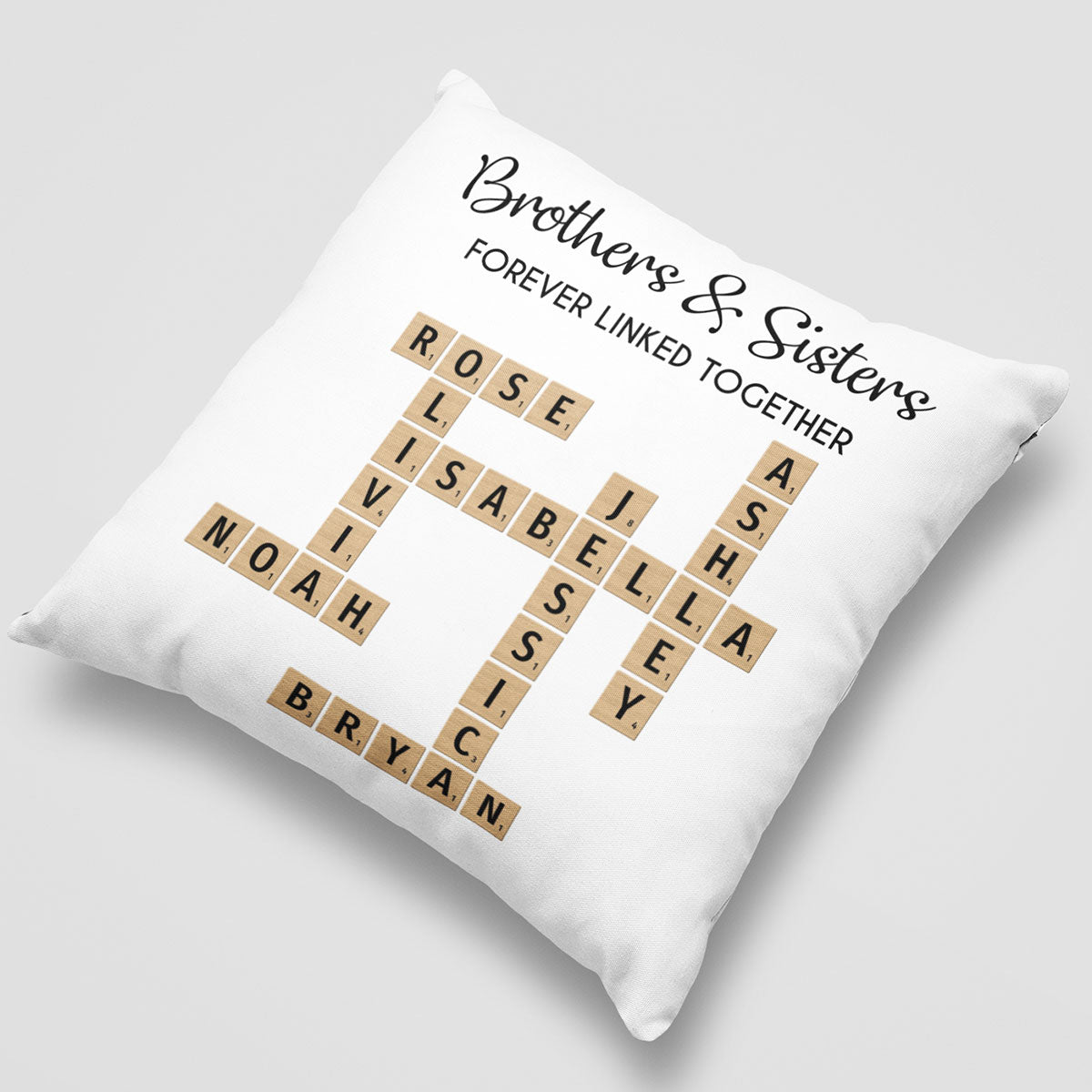 Brothers & Sisters Forever Linked Together Crossword Puzzle Art Personalized Pillow, Gift For Brothers, Sisters, Siblings, Family