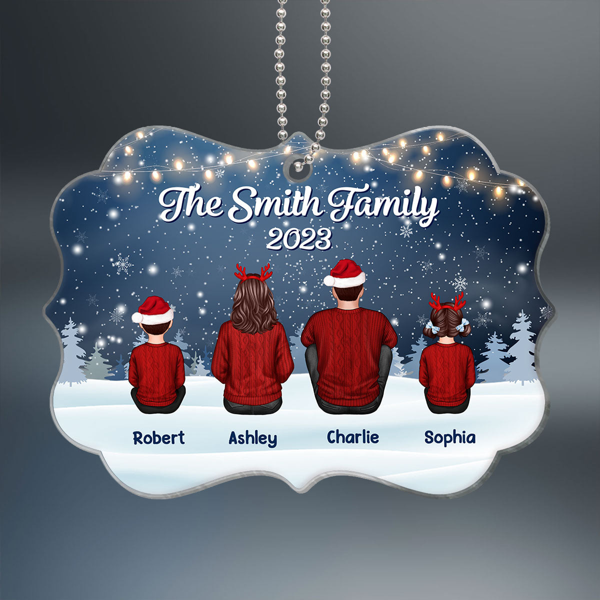 Family Back View Sitting In Snow Night Lights Personalized Acrylic Ornament