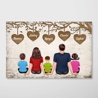 The Whole Family Couple Dad Mom Kids Dogs Cats Sitting Under Heart Tree Personalized Horizontal Poster