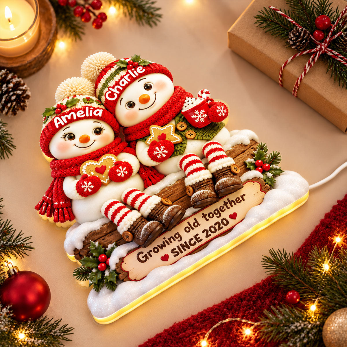 Snowman Couple Growing Old Together - Personalized Light Box - Heartfelt & Thoughtful Christmas Gift for Her, for Him