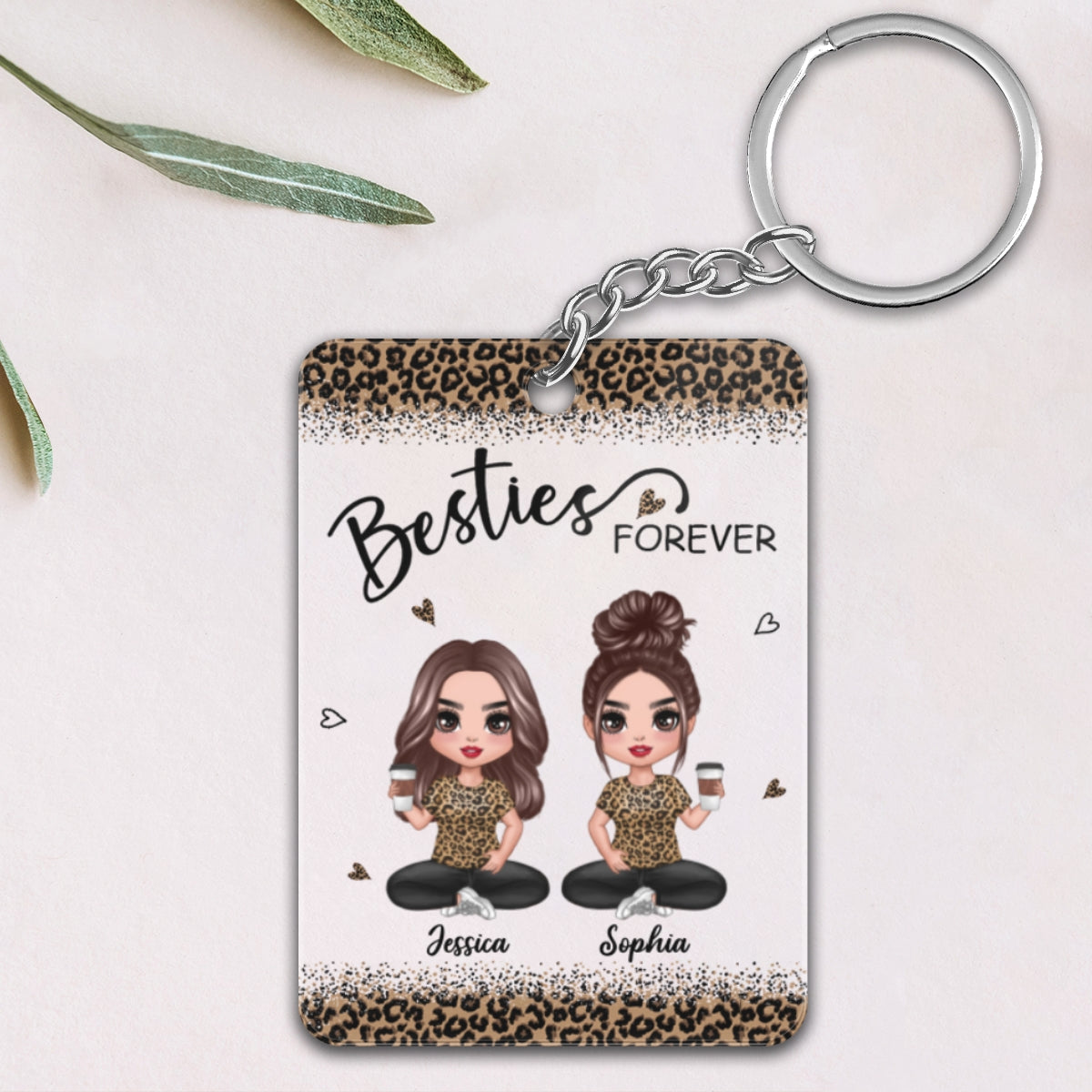 Leopard Doll Besties Sisters Sitting Personalized Acrylic Keychain