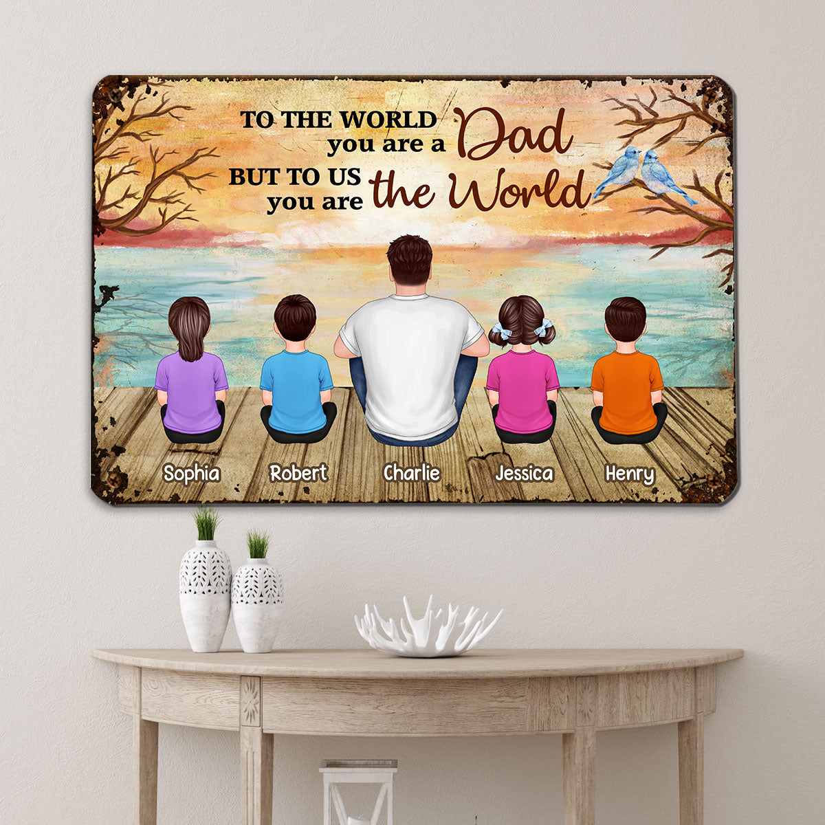 Lake View Dad Grandpa We Love You Back View Dad And Kids Dogs Cats Sitting Personalized Metal Sign
