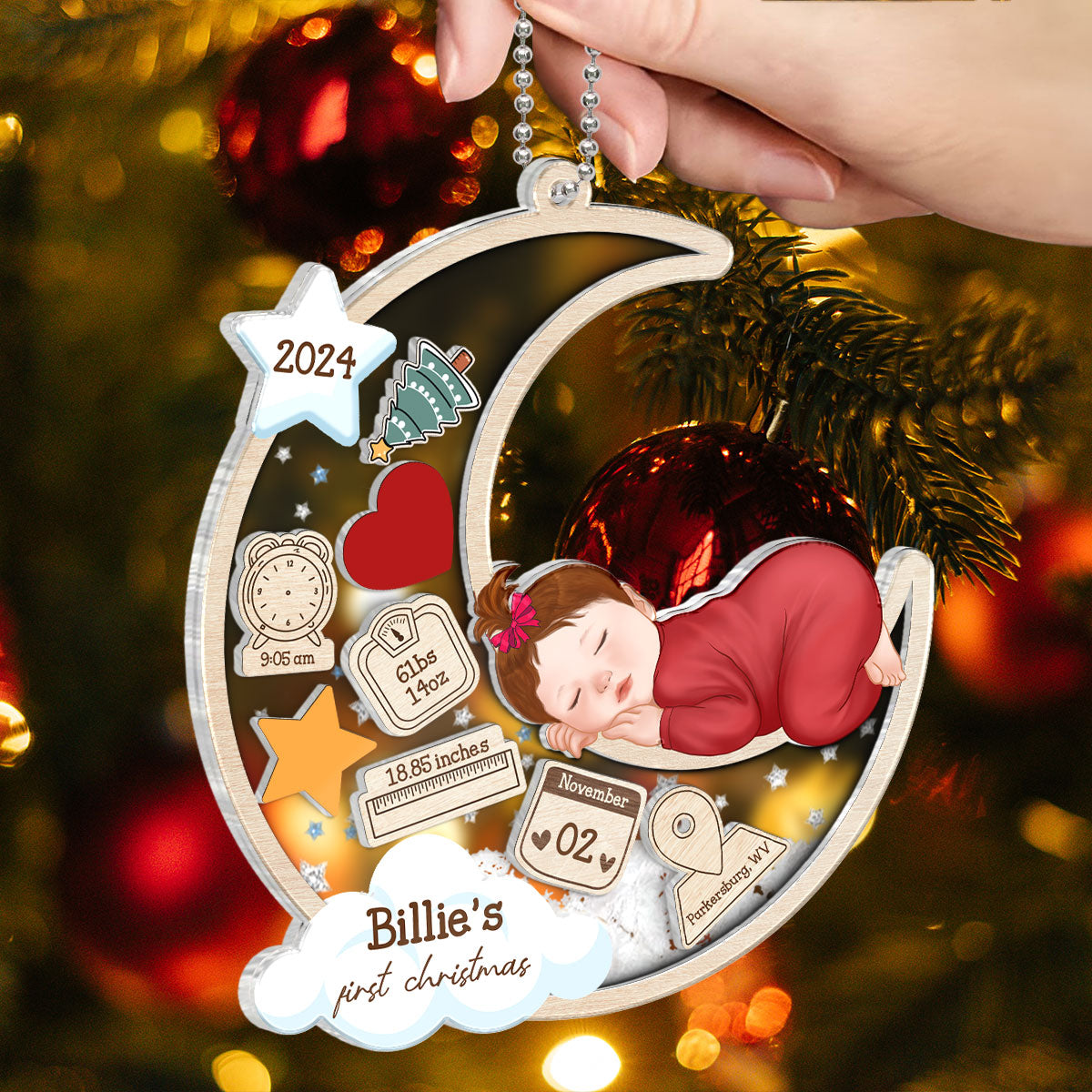 Baby Sleeping On Moon First Christmas Personalized 4D Shaker Ornament, Custom Newborn Gift